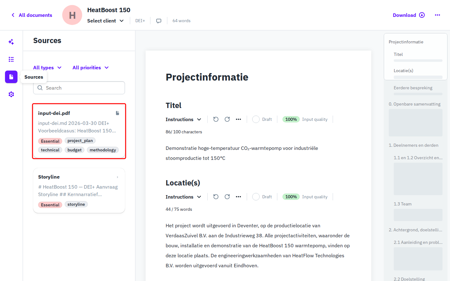 Sources tab showing an uploaded PDF with type tags and priority filters