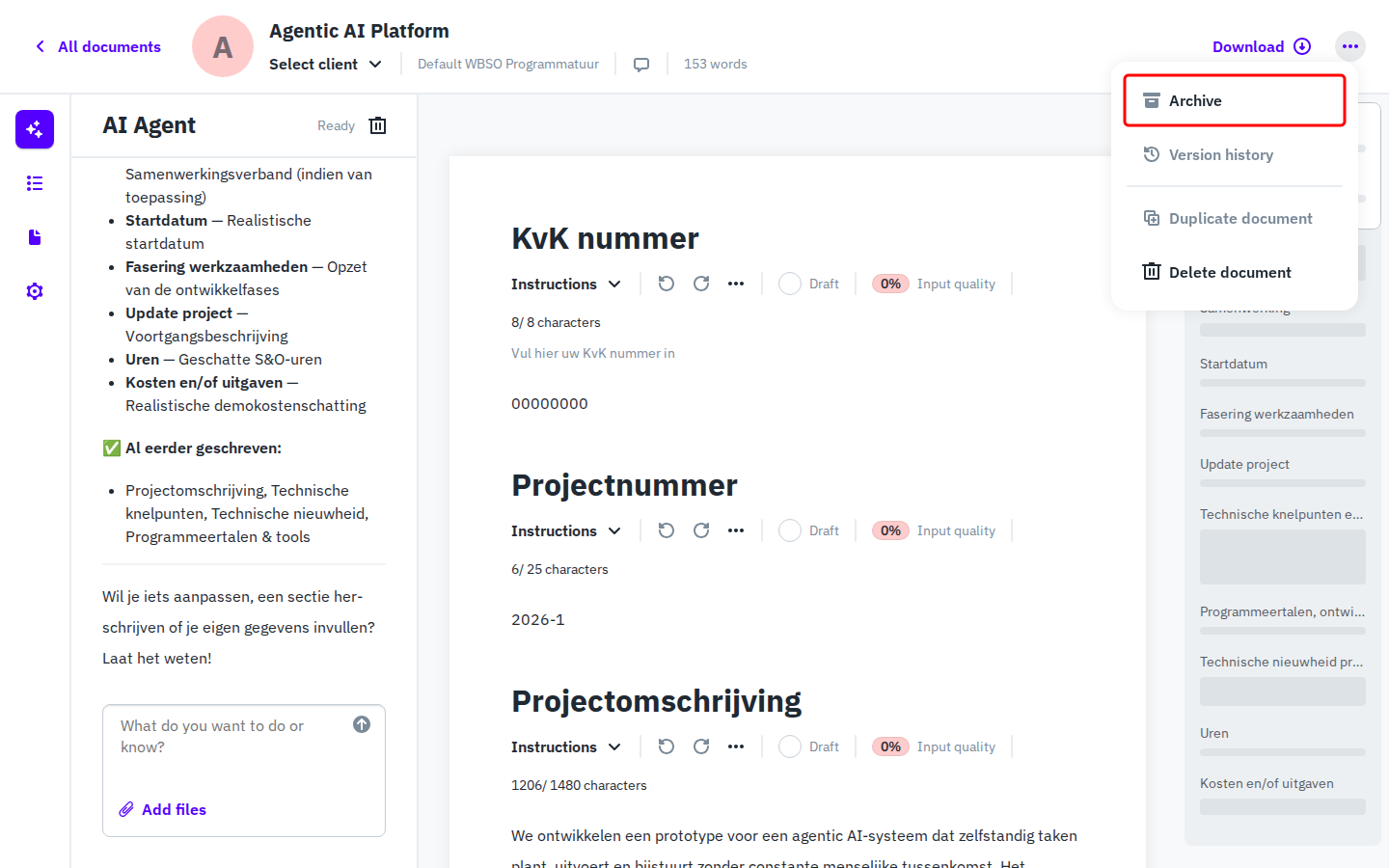Document header dropdown showing the Archive option highlighted
