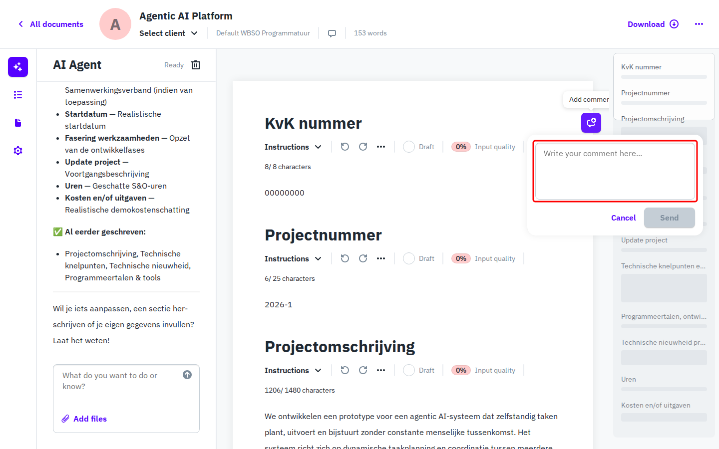 Comment dropdown open on a section with text field and Send button
