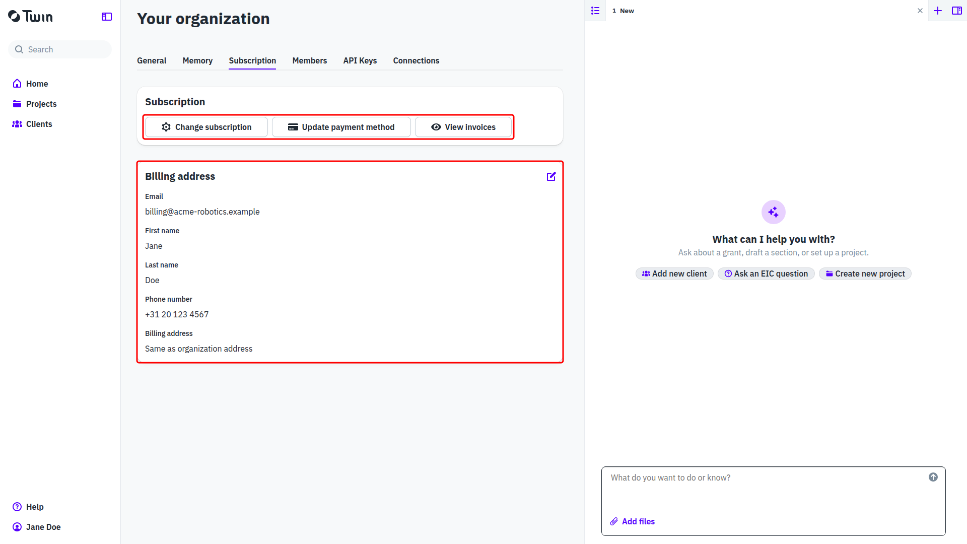 The Subscription tab, with the Change subscription, Update payment method and View invoices buttons and the Billing address card