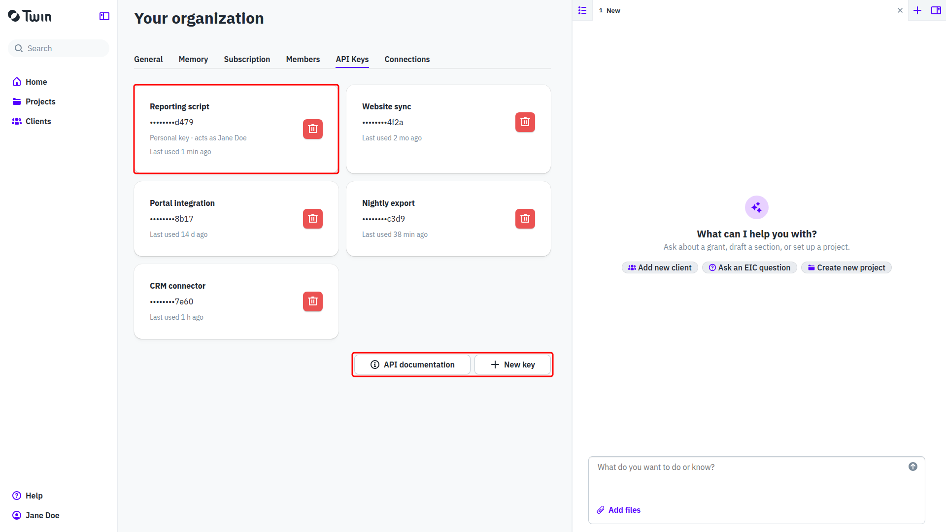 The API Keys tab with a card per key, and the API documentation and New key buttons