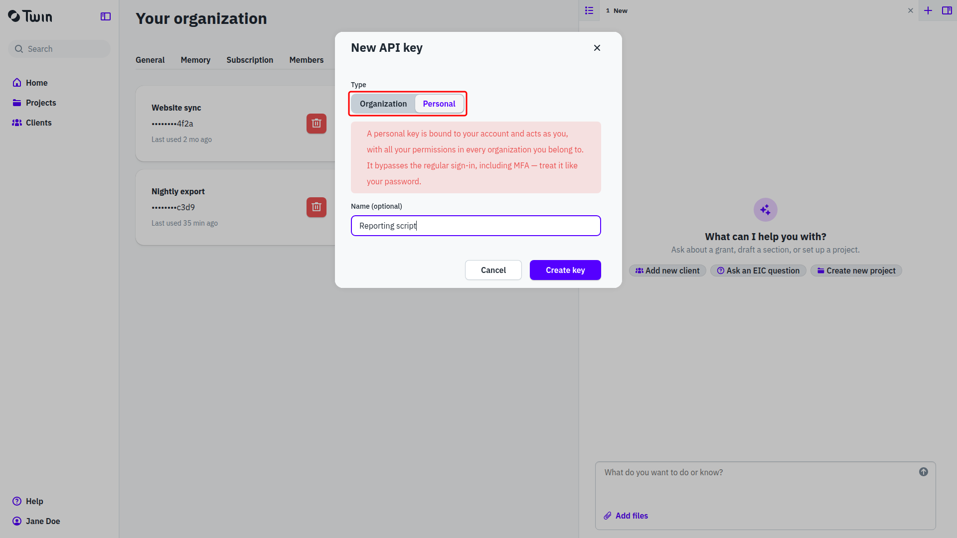 The New API key dialog with the Type control set to Personal and the warning about what a personal key can do