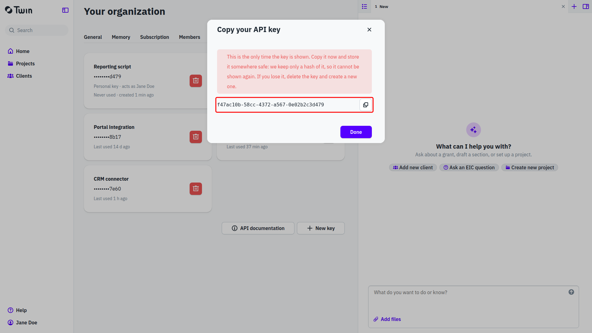 The Copy your API key dialog showing the key once, with a copy button