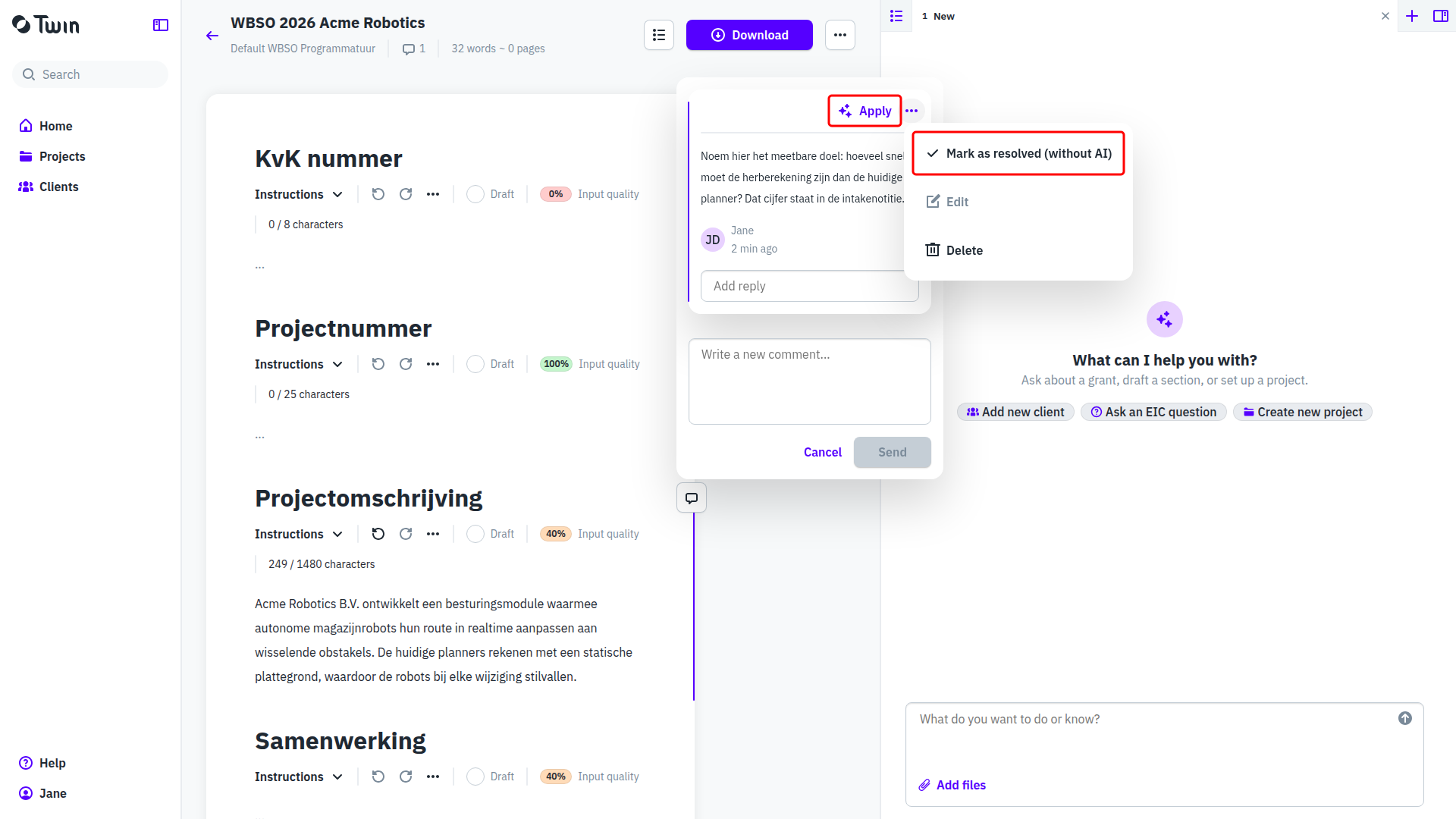 An open comment on a section showing Apply, the menu with Mark as resolved (without AI), and the Add reply box
