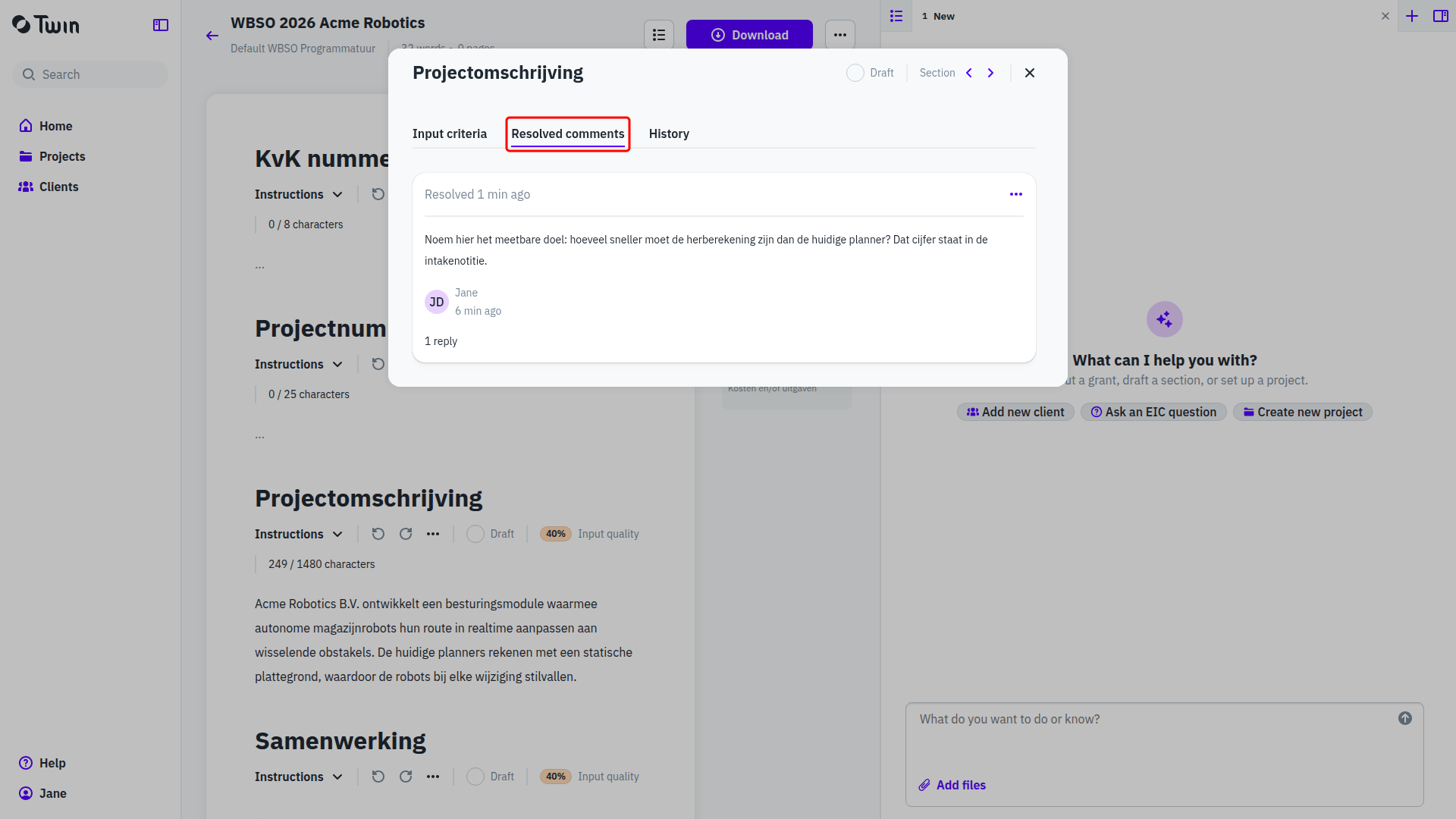 Section details modal on the Resolved comments tab, showing one resolved thread with its reply count
