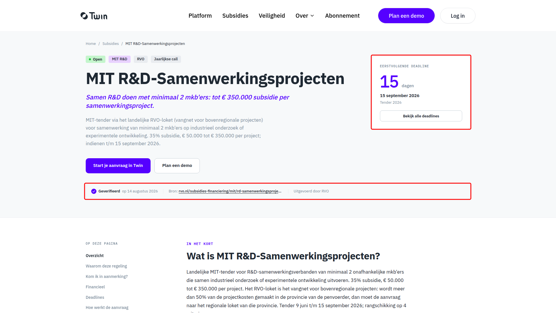 A grant page on twinai.nl with the next deadline card and the verification and source bar highlighted