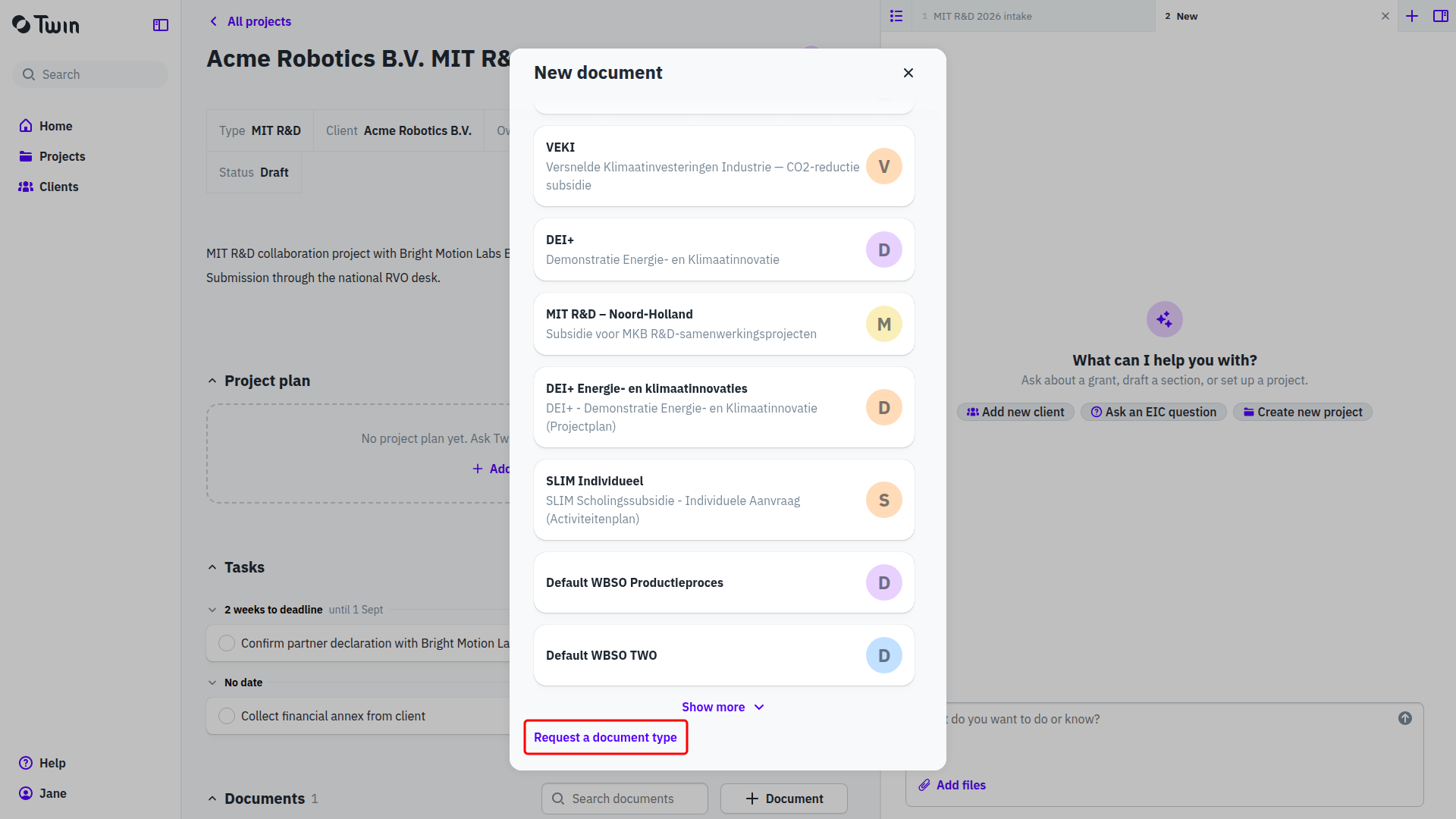 The New document window listing document types, with Request a document type highlighted at the bottom