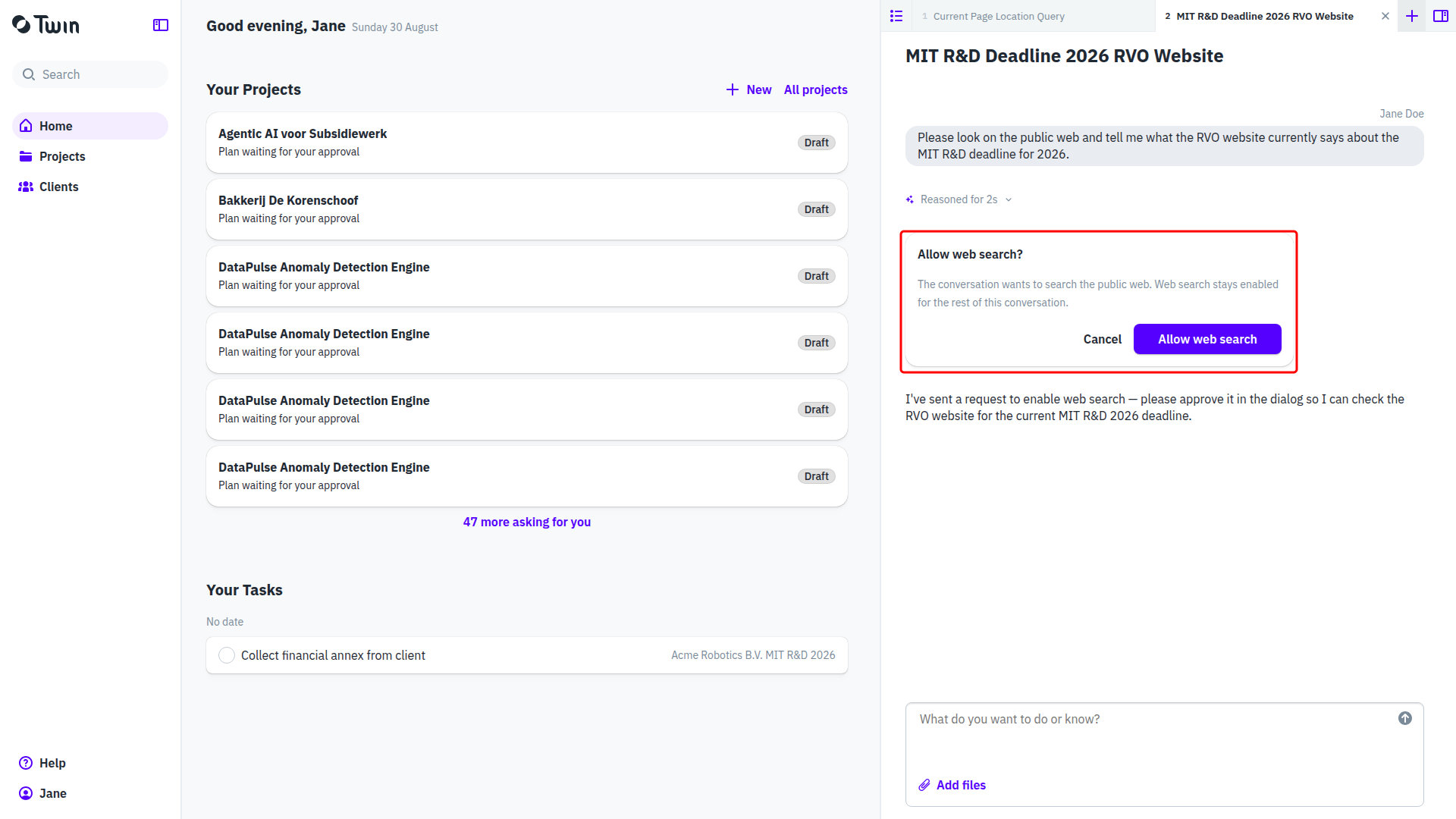 The Allow web search card in the conversation, with Cancel and Allow web search buttons