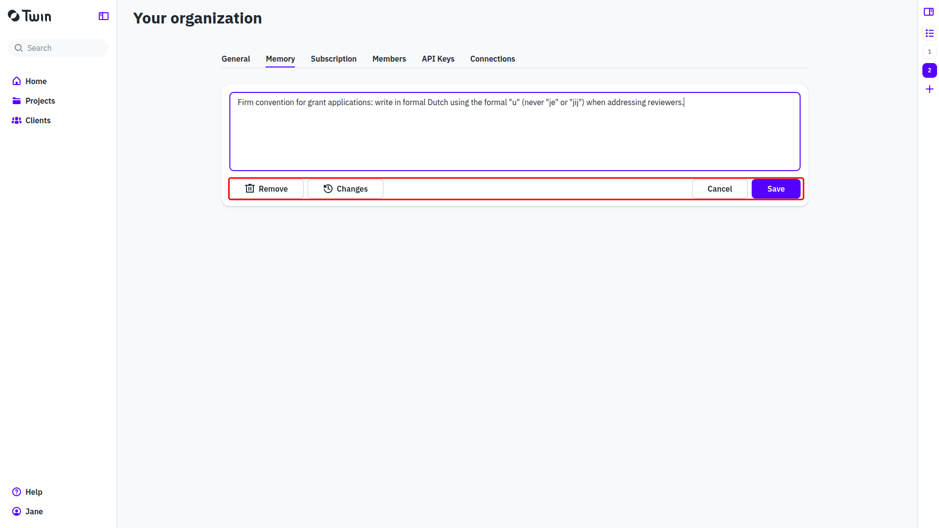 An organization memory open for editing, with Remove, Changes, Cancel and Save
