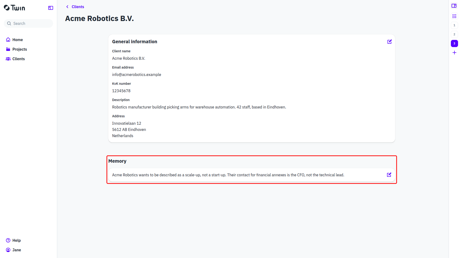 A client page in Twin with the Memory section below General information