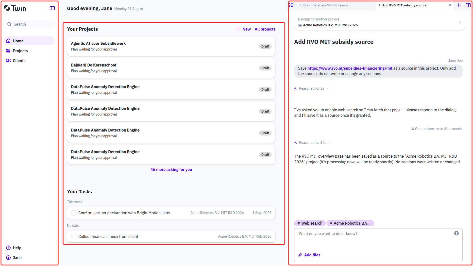 Home with the left sidebar, the page in the middle and the assistant column on the right, each outlined
