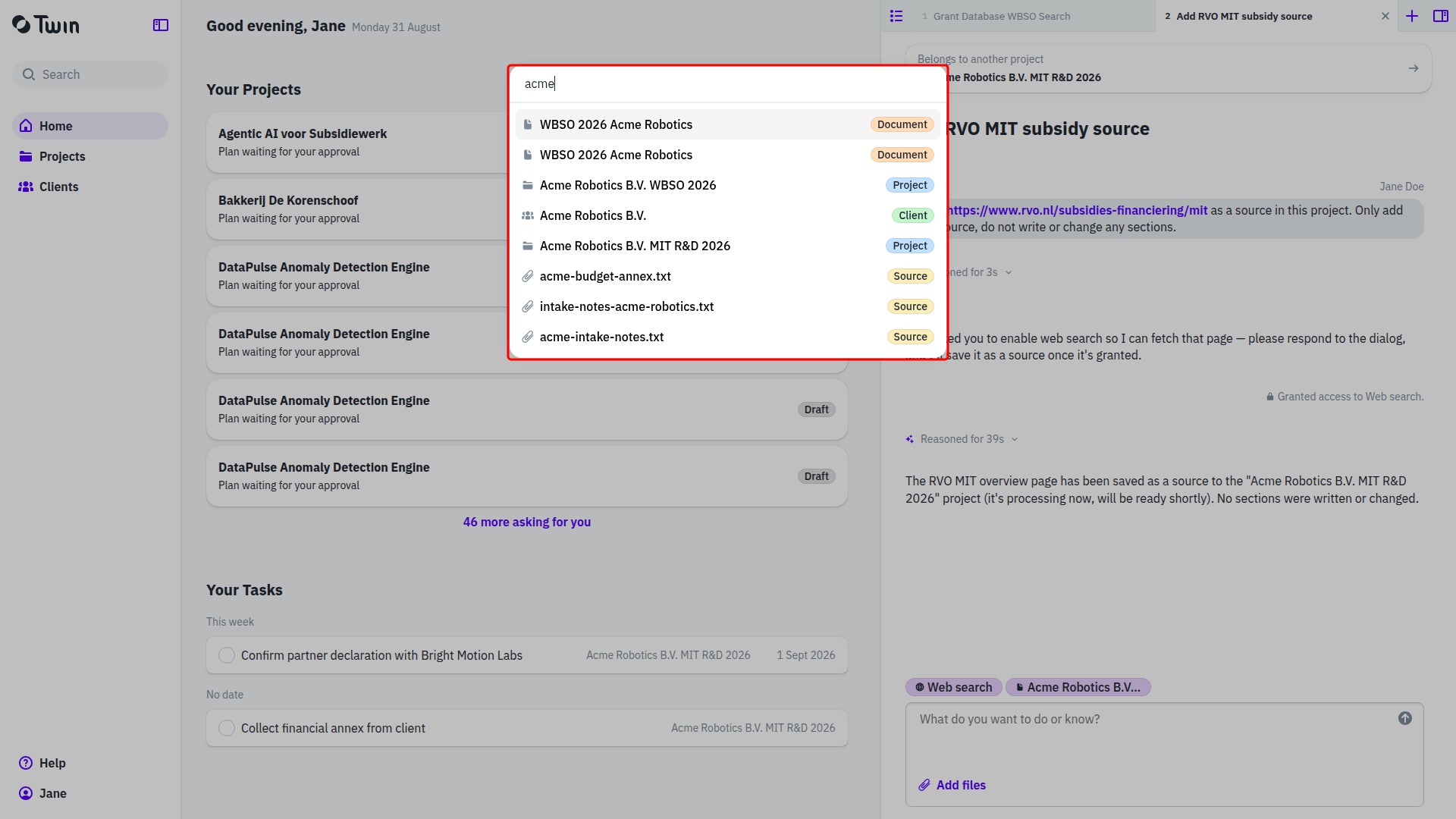 The quick search box with results labelled Document, Project, Client and Source