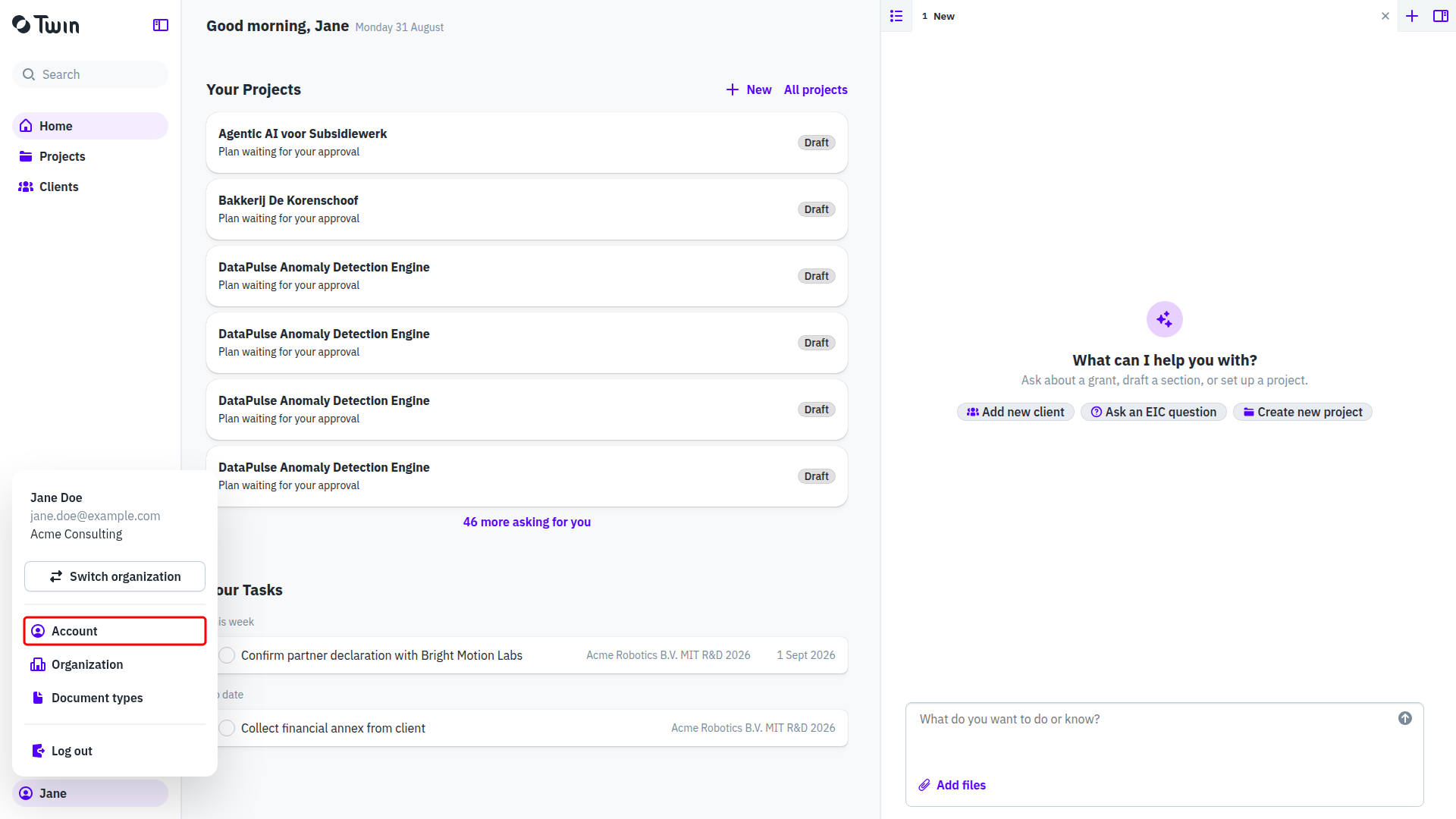 User menu at the bottom of the left sidebar with Account highlighted