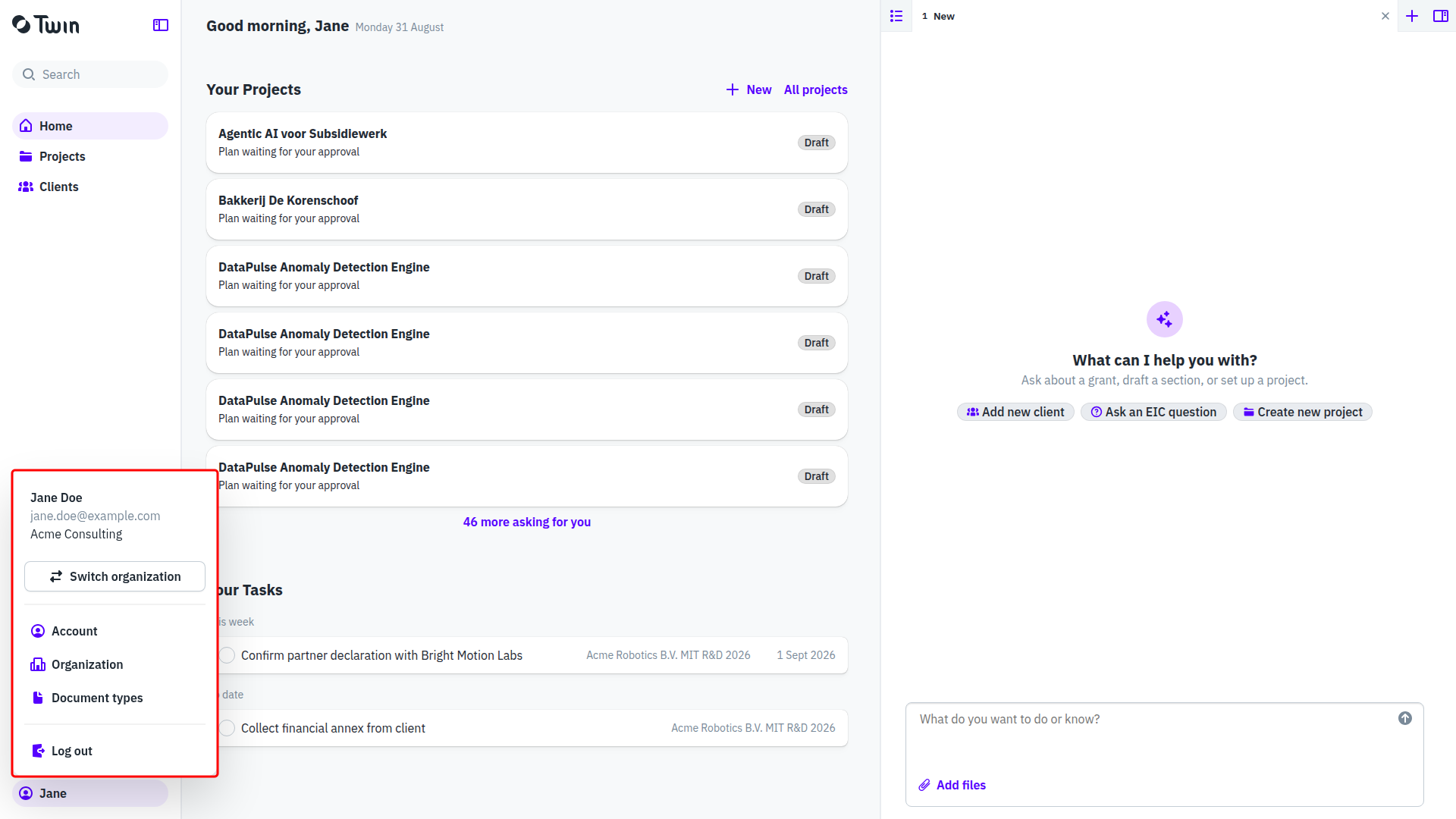 The user menu open at the bottom of the left sidebar, showing Switch organization, Account, Organization, Document types and Log out