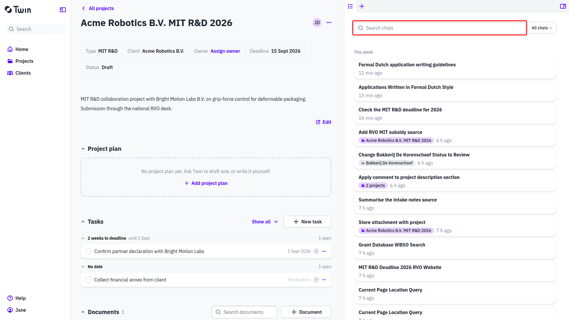 All chats history with the search box and the scope dropdown set to All chats or This project