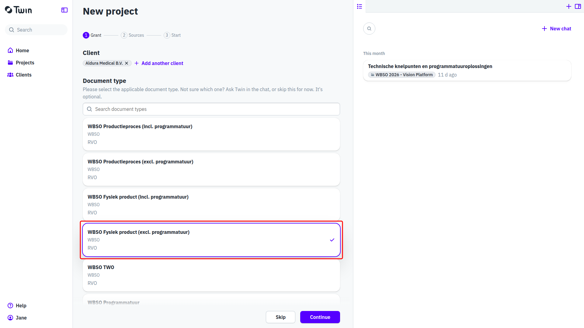 The Grant step of the new project wizard with the six WBSO document types, the type WBSO Fysiek product (excl. programmatuur) boxed