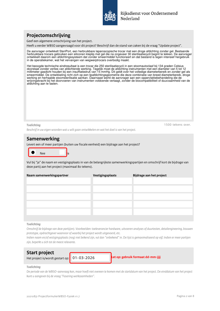 Page 2 of the filled RVO project form with Start project 01-03-2026 and Samenwerking Nee boxed