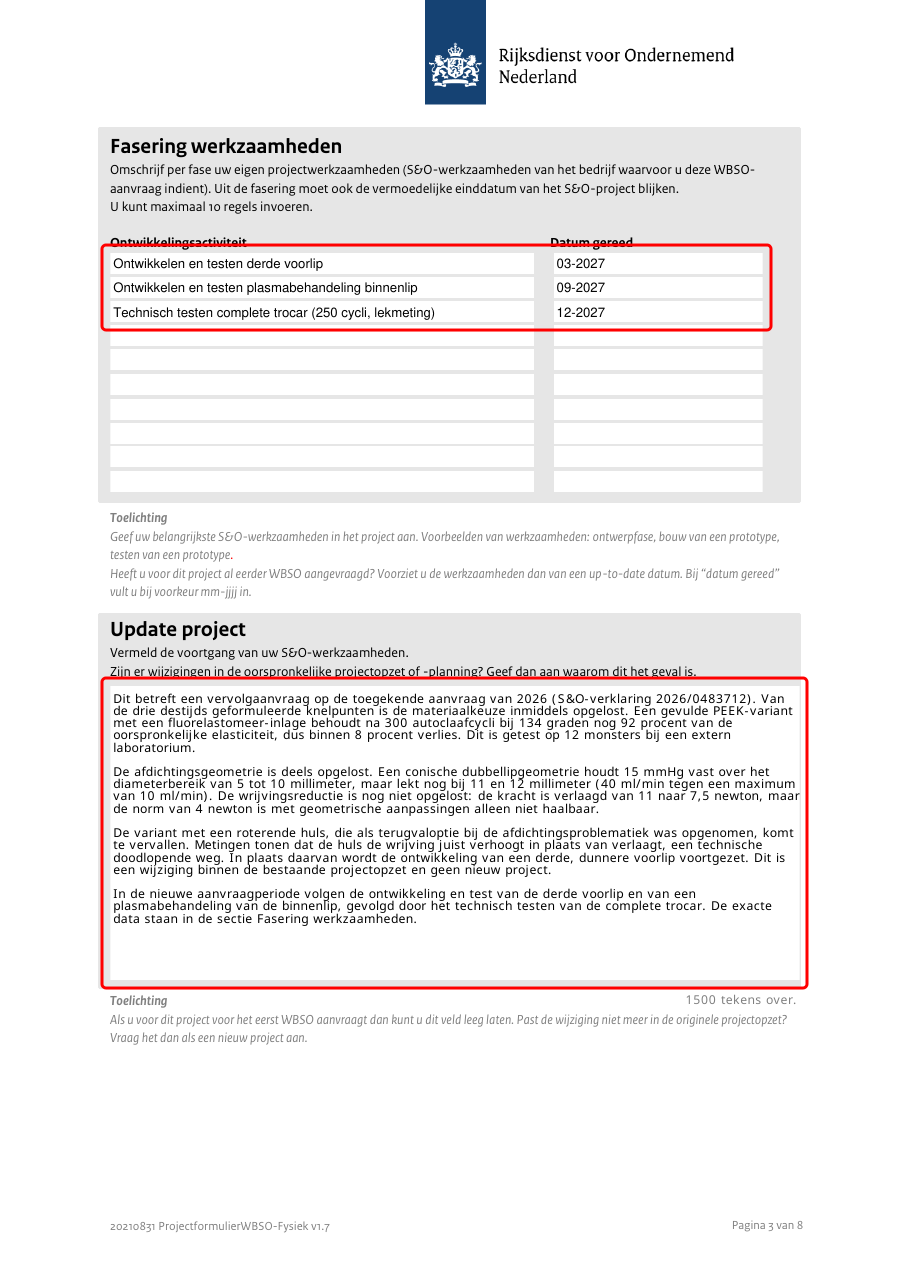 Page 3 of the filled RVO project form with the three 2027 milestone lines and the filled Update project field boxed