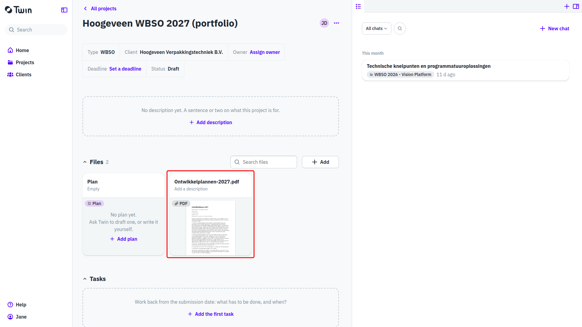 The project page with the uploaded source Ontwikkelplannen-2027.pdf boxed in the Files section
