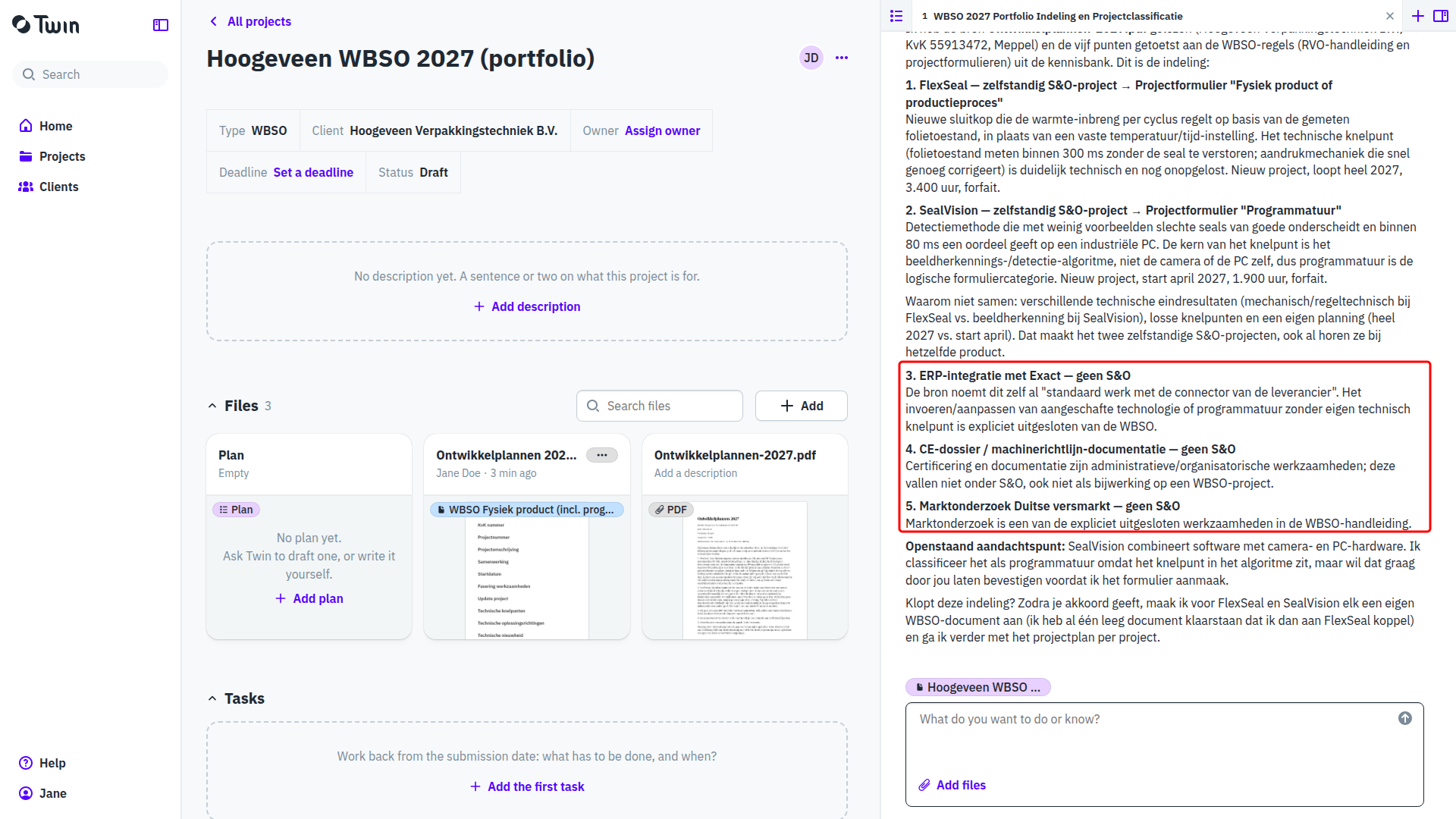 The same answer, with the three items that are not S&O boxed: ERP integration, CE dossier and market study, each with a reason