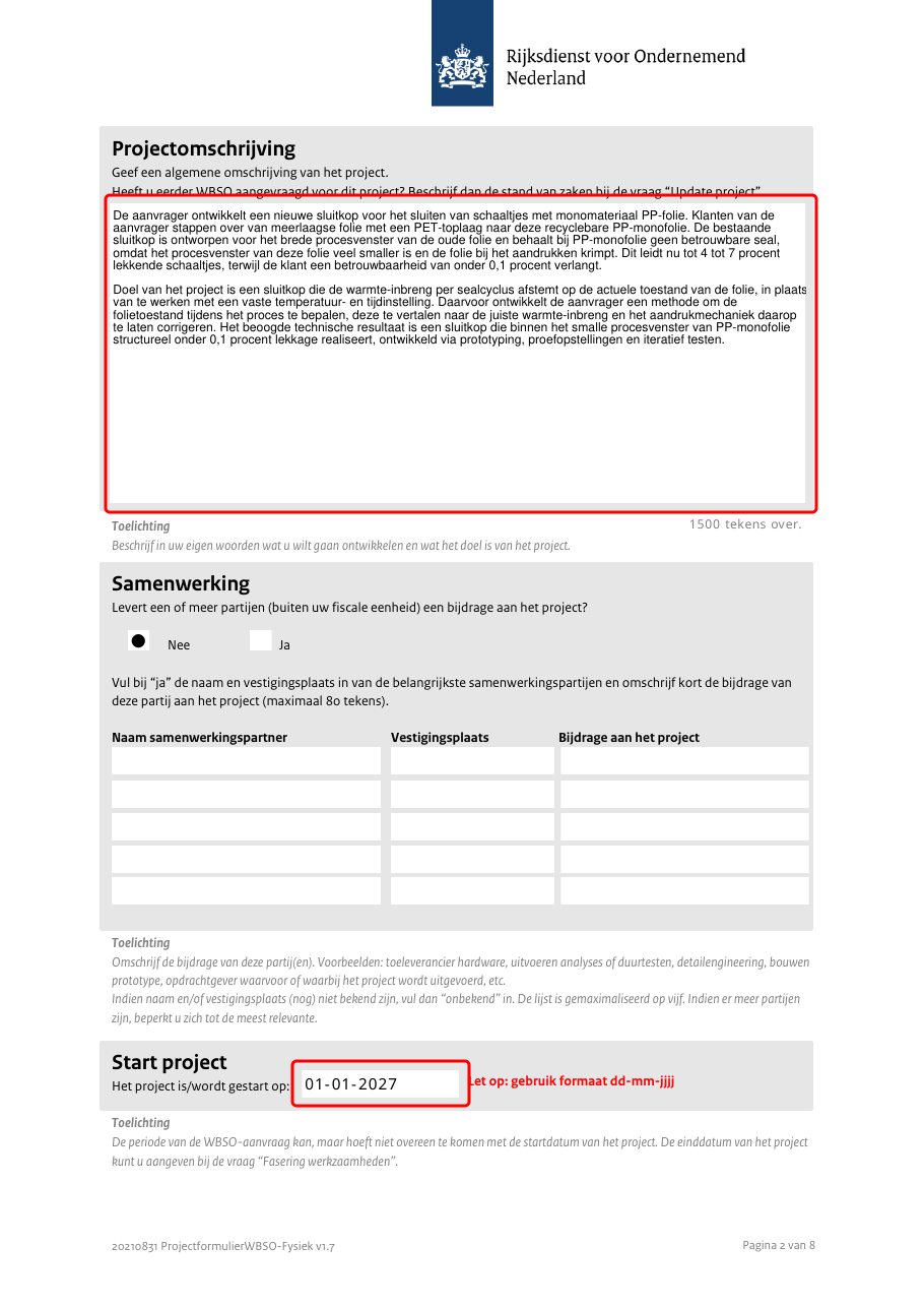Page 2 of the FlexSeal RVO form with the Projectomschrijving and Start project 01-01-2027 boxed