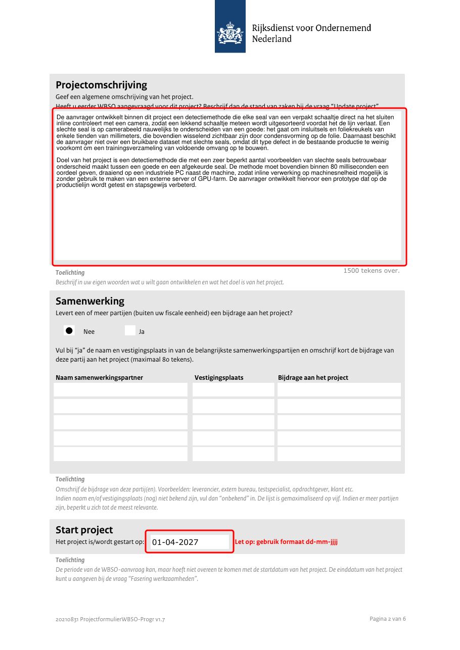 Page 2 of the SealVision RVO form (programmatuur) with the Projectomschrijving and Start project 01-04-2027 boxed