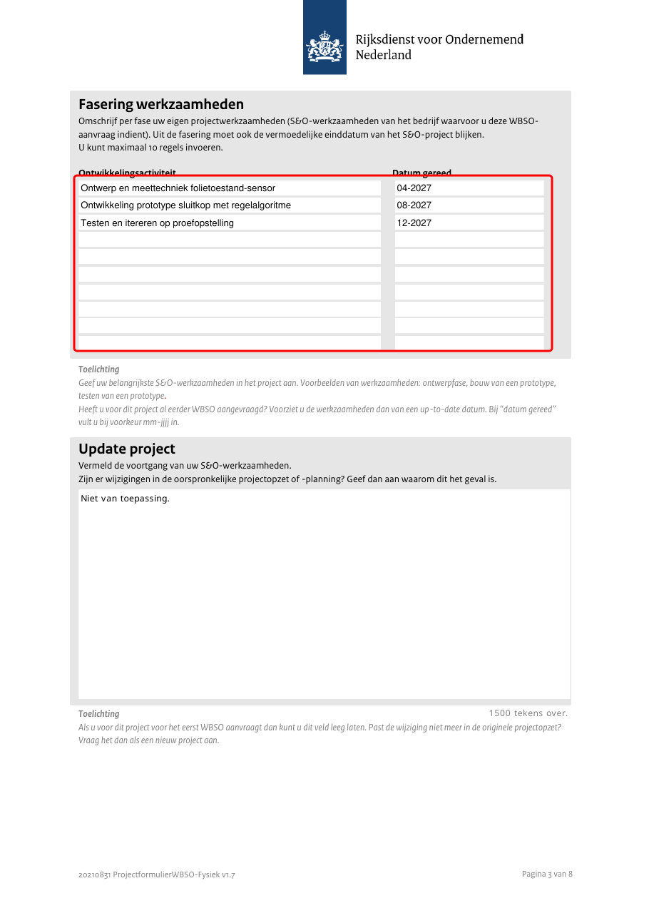Page 3 of an RVO form with the Fasering werkzaamheden table boxed, three lines in mm-jjjj notation