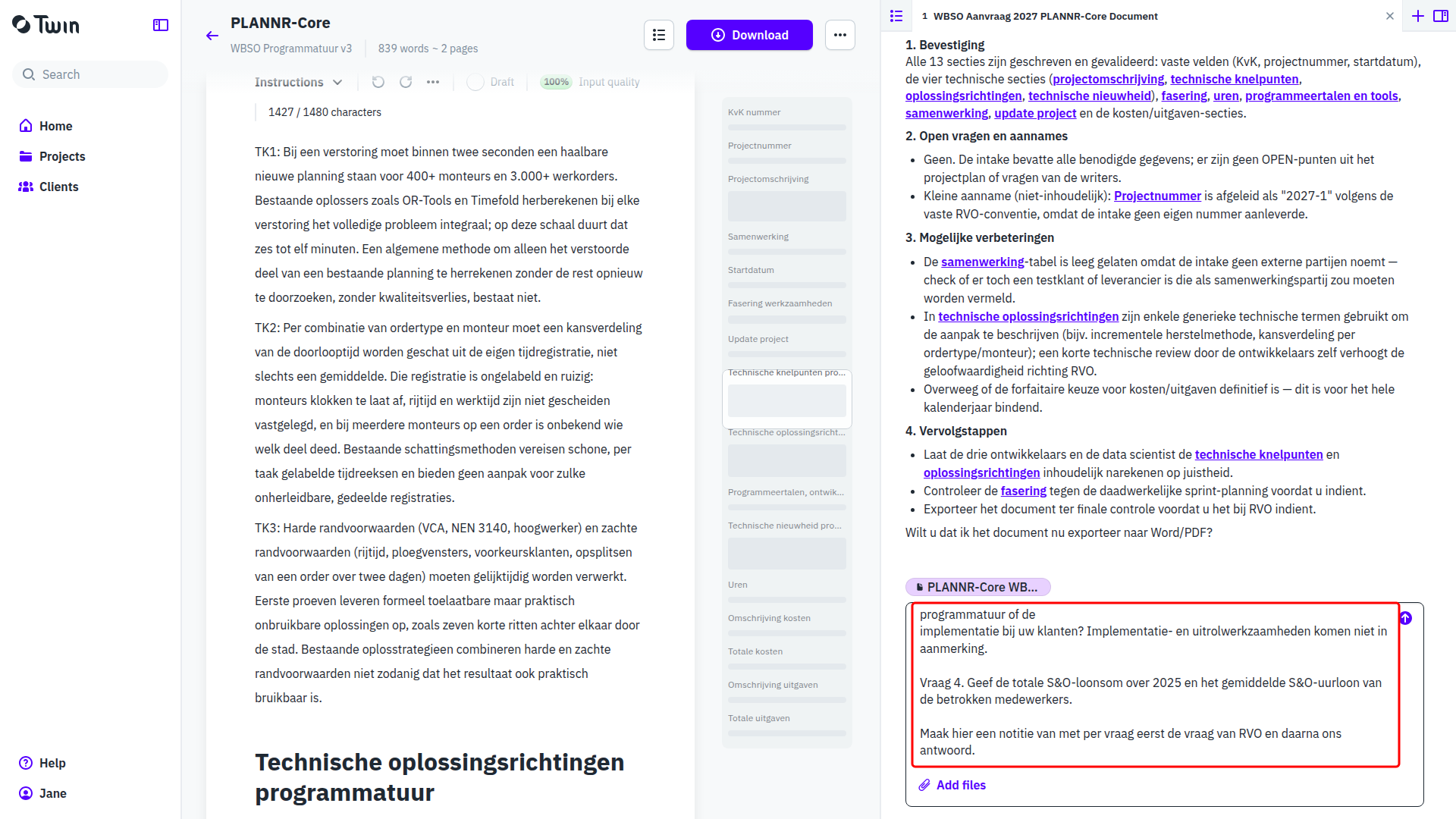 The document conversation with the pasted RVO letter in the composer, the fourth question and the closing instruction visible