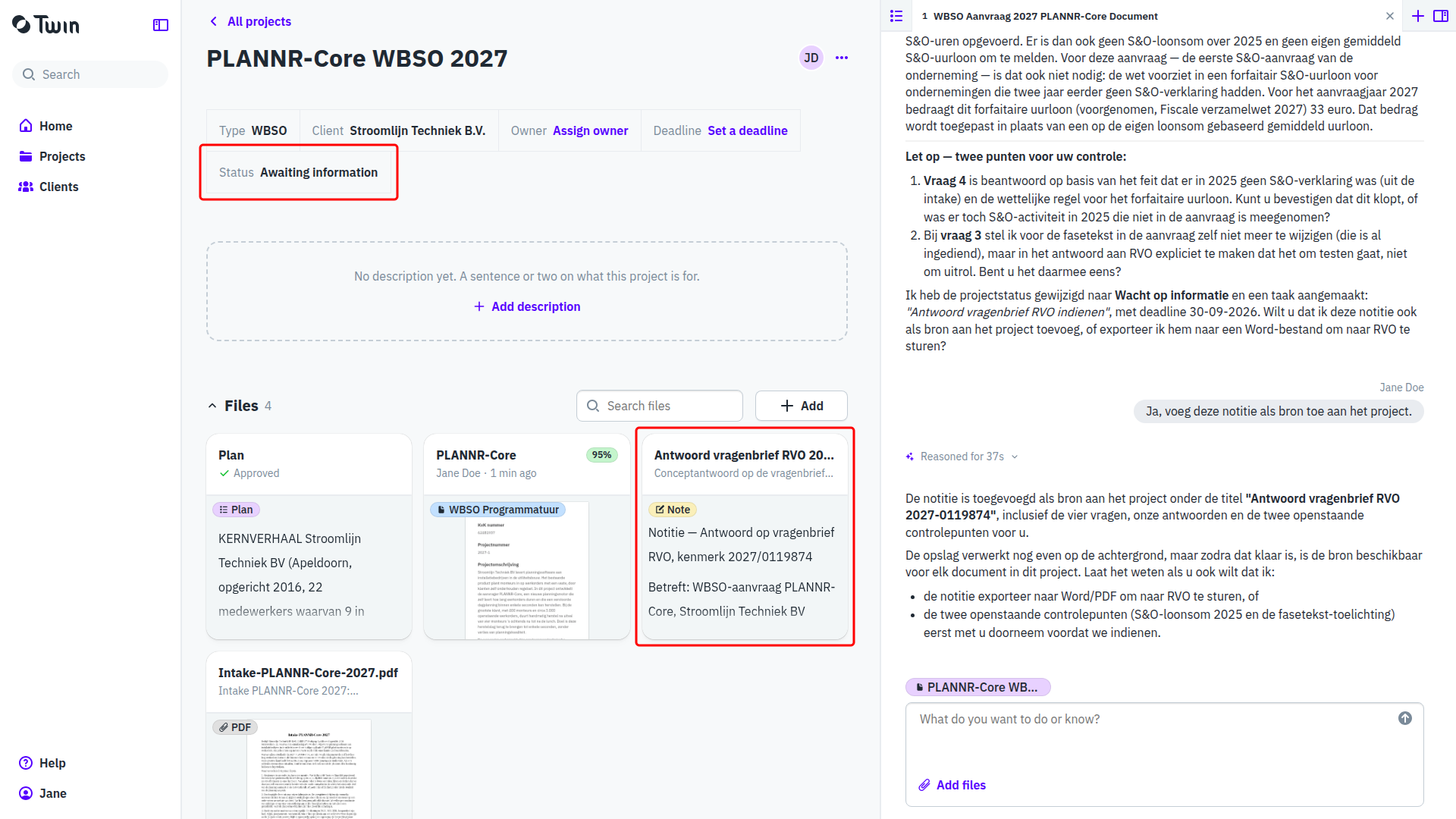 The project page with the new note card in the Files section boxed and the project status Awaiting information boxed