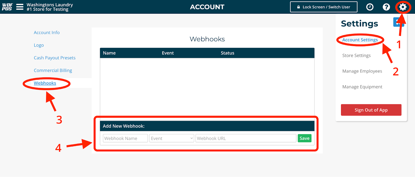 A picture showing how to access the Webhooks feature on the Account Settings page within Wash-Dry-Fold POS