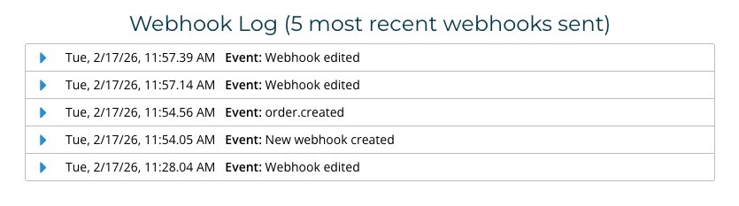 An example image of the Webhook Log of the 5 most recent webhook event messages sent from your Wash-Dry-Fold POS account