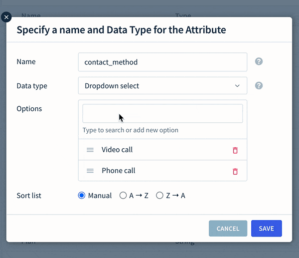 Screencap of adding and sorting options to a dropdown select attribute.