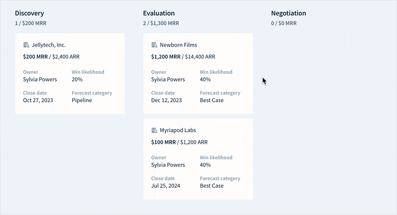 Screencap of the user moving a card between the evaluation and negotiation stages.