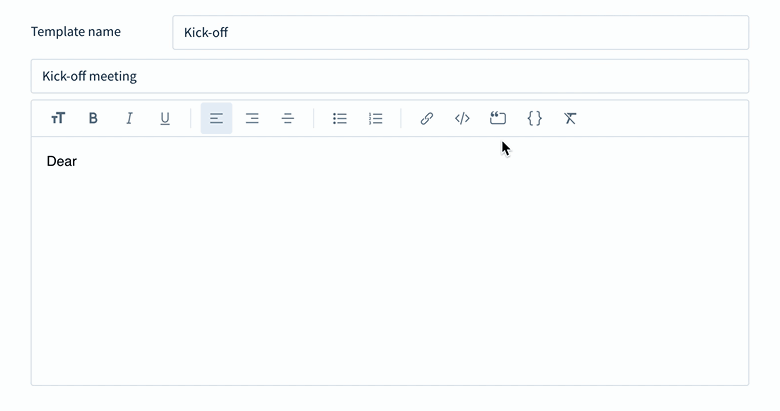 Screencap of the process of adding a placeholder into an email template.