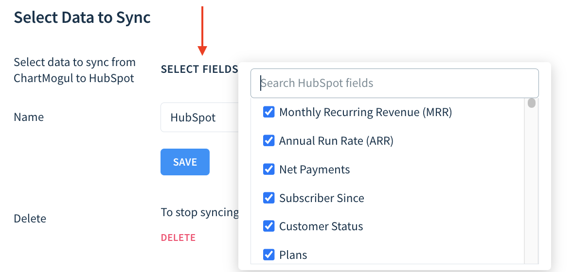 Screenshot of the Select Fields dropdown with a list of available data points.