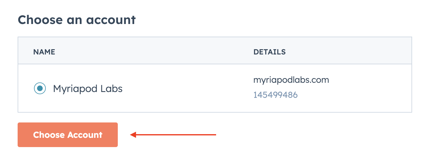 Screenshot of the Choose an account table in HubSpot with one account selected and a Choose Account button below it.