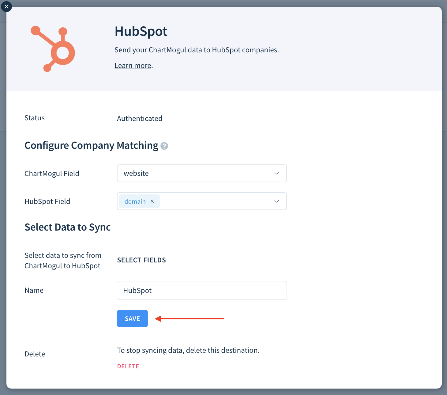 Screenshot of the HubSpot configuration modal with options as described here and the Save button highlighted.
