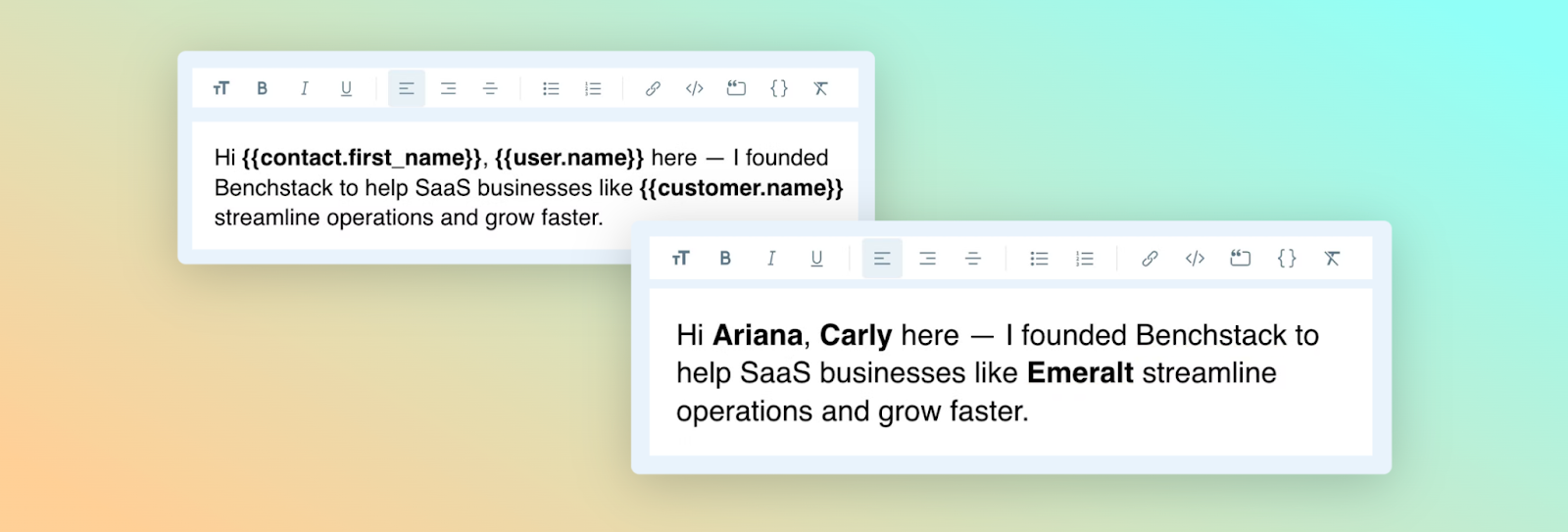 Illustration comparing an example email template with a resulting email draft. The placeholders for the contact’s first name, user name and customer name in the template are replaced with corresponding data in the draft.
