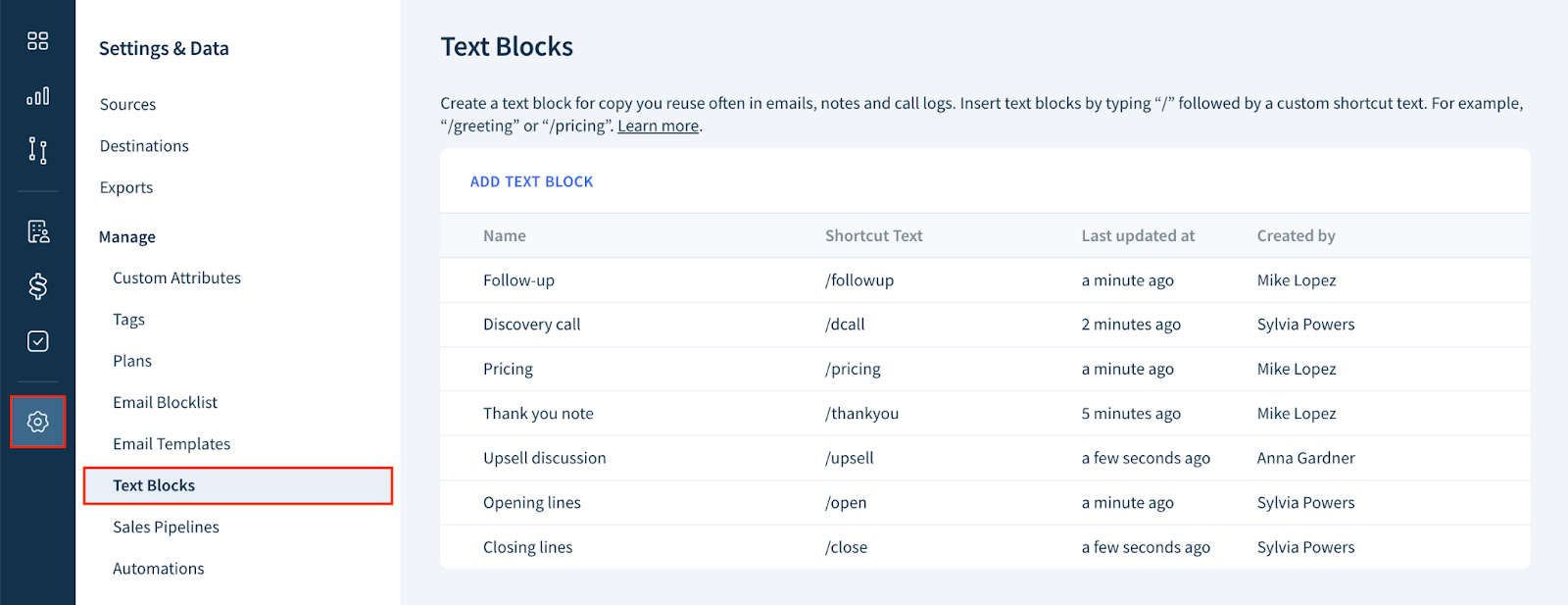 Screenshot of the text block table with the following columns: Name, Shortcut Text, Last updated at and Created at.