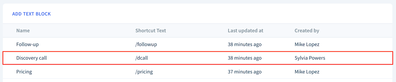 Screenshot of the Text Blocks page with one of the text block rows highlighted.