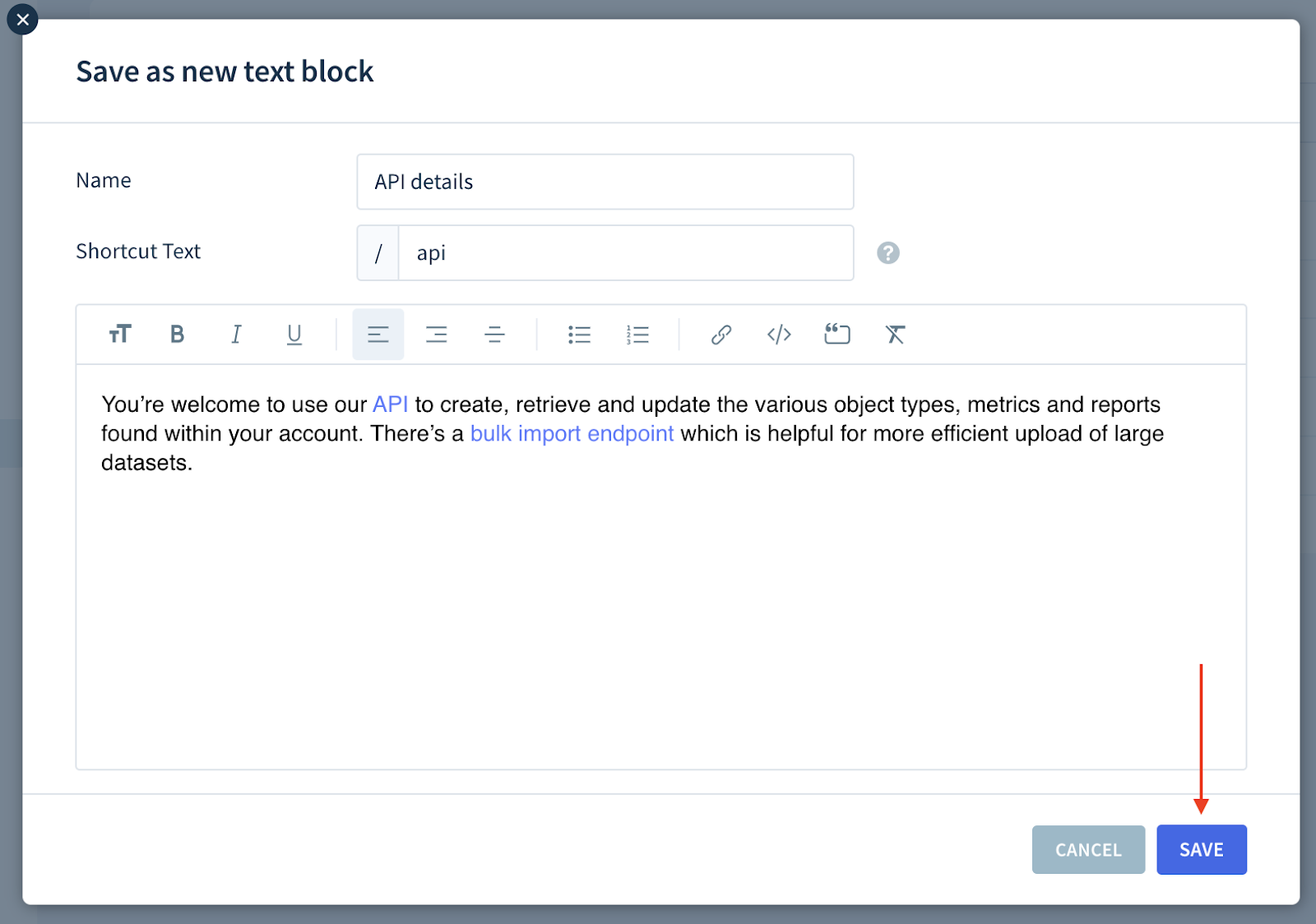 Screenshot showing a draft text block with the Save button highlighted.