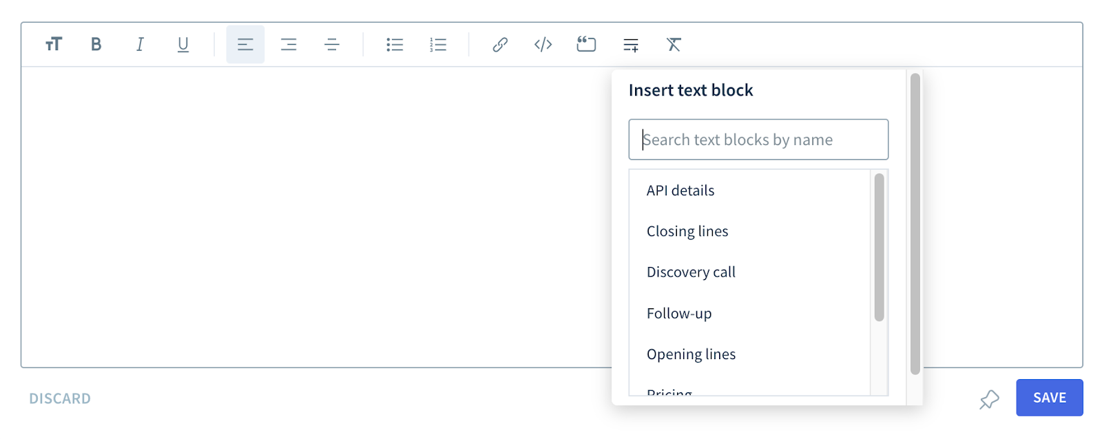 Screenshot of the drop-down to add text blocks with a search box with a list of available text blocks.