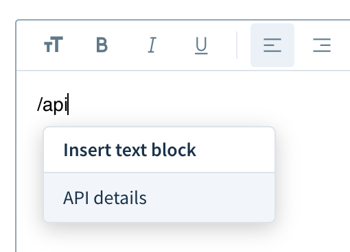 Screenshot of a drop-down with the corresponding text block name displayed next to a typed shortcut text.