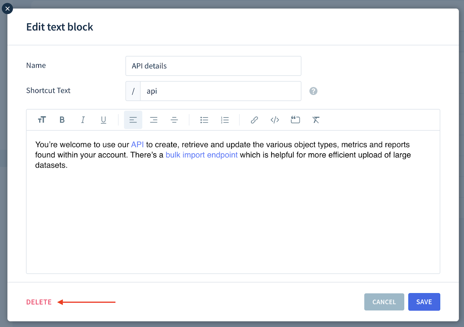 Screenshot showing the placement of the Delete button.