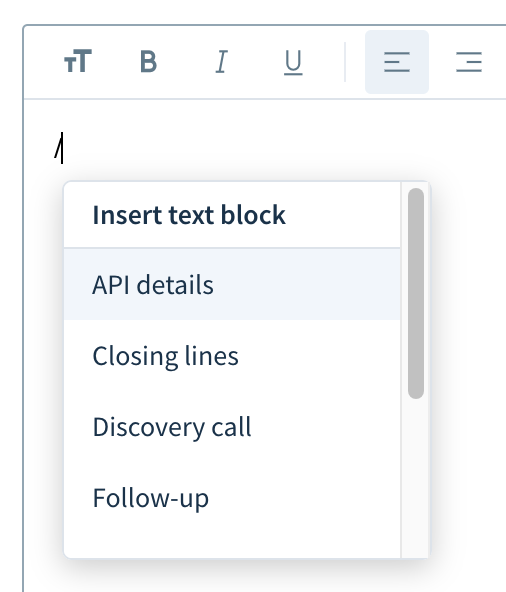 Screenshot of a drop-down listing all available text blocks displayed after typing a slash without a keyword.