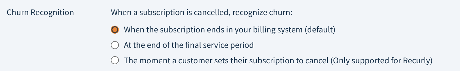Screenshot of the three Churn Recognition setting options described here