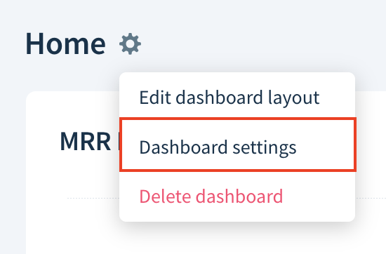 Screenshot of a dashboard drop-down with the Dashboard setting option highlighted.