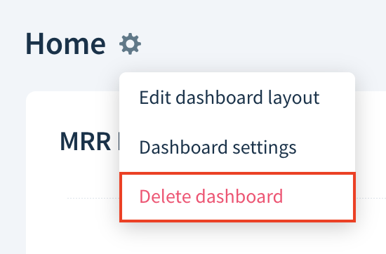 Screenshot of a dashboard drop-down with the Delete dashboard option highlighted.