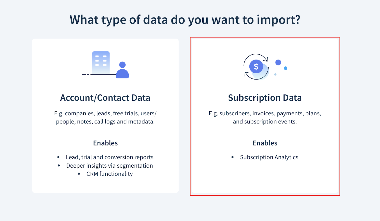 Screenshot of the screen where you choose the type of data to import with the Subscription Data option highlighted. 