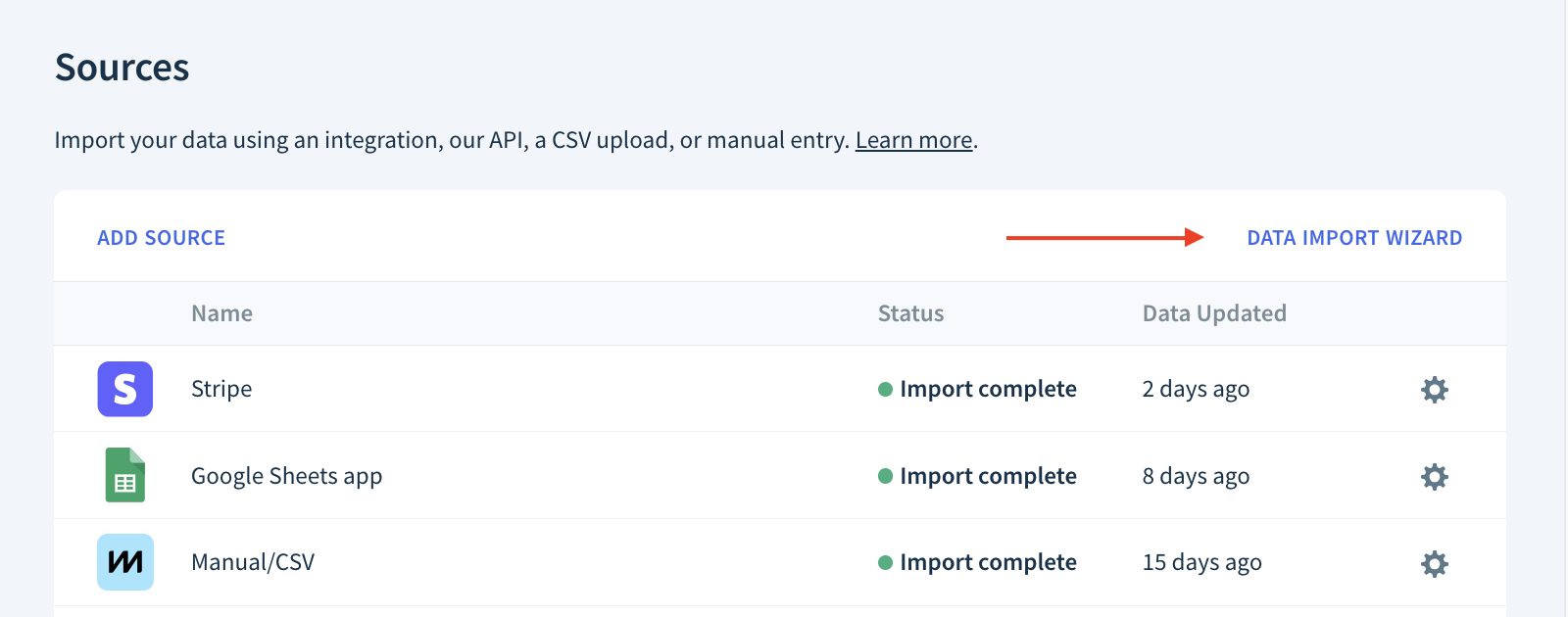 Screenshot of the Sources page showing the location of the Data Import Wizard button.
